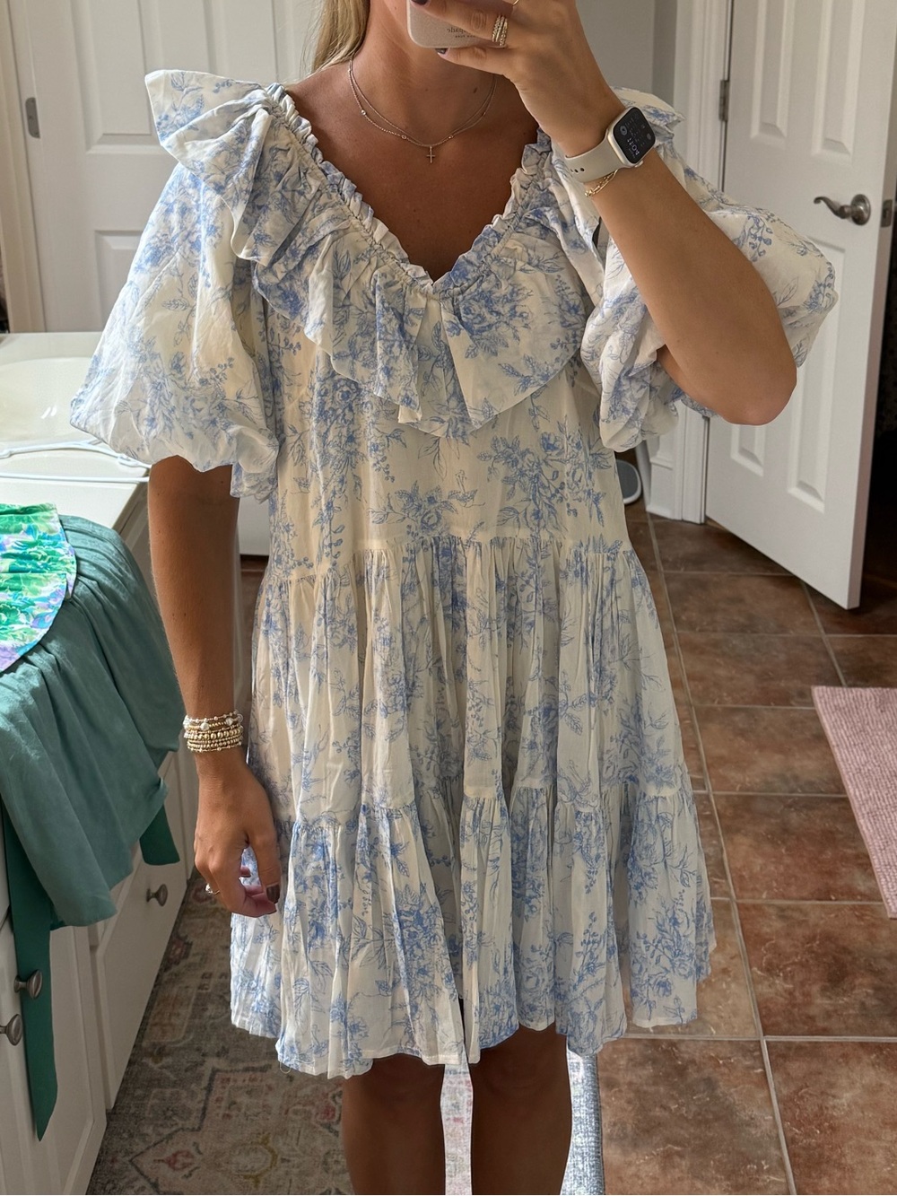 Blue and White Floral Ruffle V-Neck Wedding Guest Dress